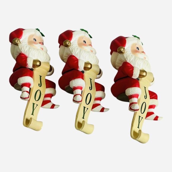 3x Russ Berrie Santa Claus JOY Christmas Stocking Holder Hanger Mantle Vintage - Picture 3 of 7